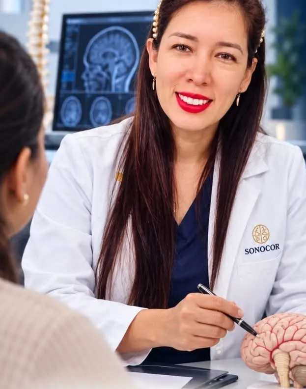 Consulta de neurocirugía con modelo del cerebro
