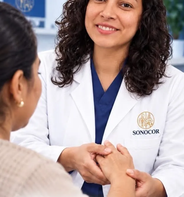 Especialista de Sonocor tomando las manos de una paciente durante la consulta